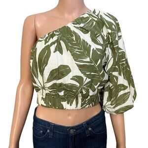 Abercrombie And Fitch Linen One Shoulder Crop Top Medium Palm Leaf Tropical